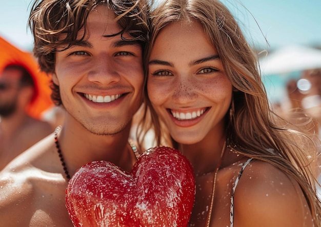 Gelukkig jong verliefd paar met groot rood hart op romantische zomervakantie MacroAI Generatief