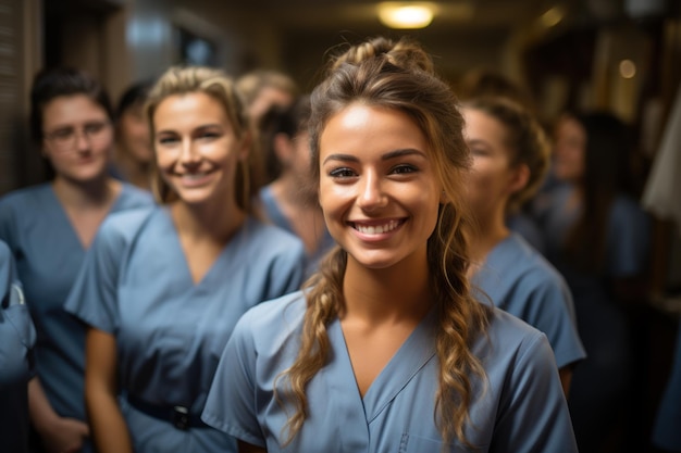 Gelukkig jonge verpleegster in uniform met medisch team achter Succesvol team van artsen en verpleegsters glimlachend Mooi en tevreden medisch personeel in privékliniek camera kijken