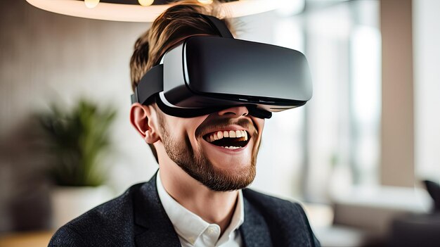 Gelukkig jonge zakenman met behulp van virtual reality headset op kantoor Generatieve Ai