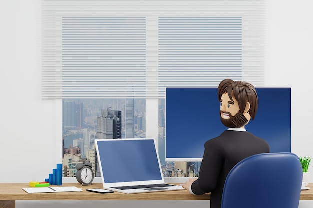 Gelukkig jonge zakenman ontspannen werken in kantoor 3D-rendering