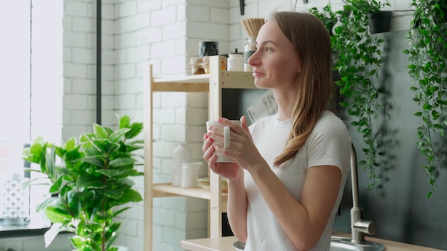 Gelukkig jongedame drinkt koffie in de keuken in de ochtend thuis