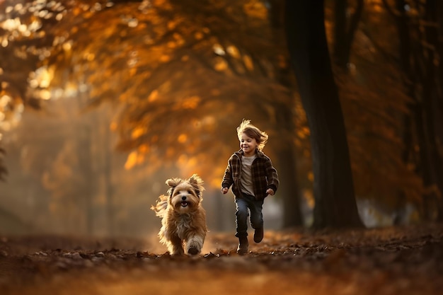 Gelukkig jongetje rent met hond door herfstbos op herfstdag of -avond Opgewonden blij kind achtervolgen met puppy Vriendschap van mens en dier gezonde levensstijl Jeugd van jonge ontdekker