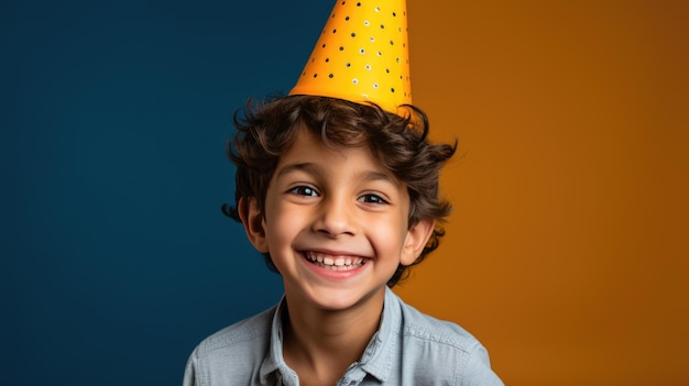 Gelukkig jongetje viert zijn verjaardag met een pet op een kleurrijke achtergrond