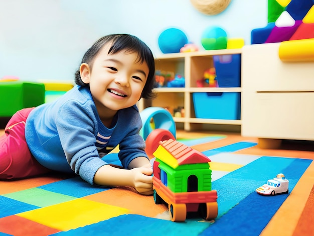 gelukkig kind dat speelgoed speelt in de kinderkamer Generatieve AI