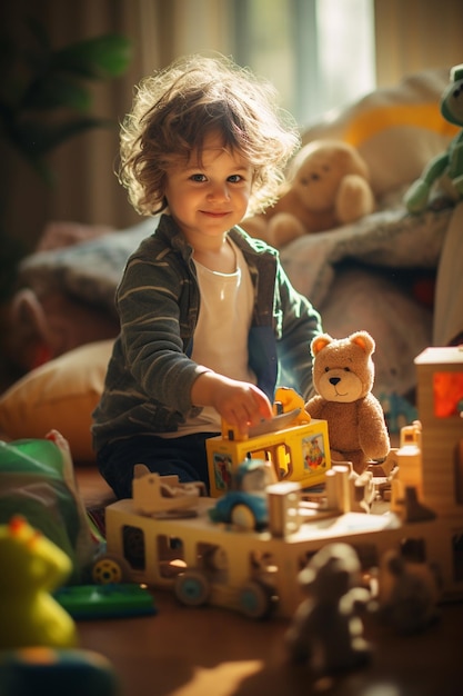 Foto gelukkig kind dat thuis met speelgoed speeltai generatieve ai