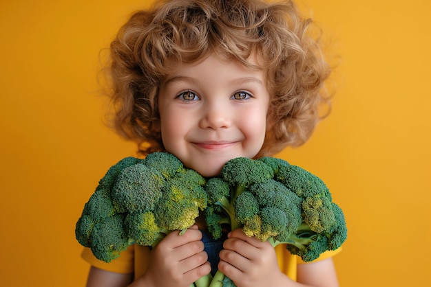 gelukkig kind jongen kind houdt in handen een groenten broccoli op oranje geïsoleerde achtergrond