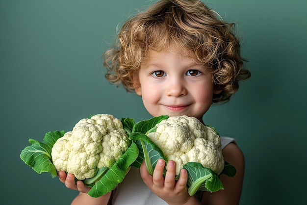 gelukkig kind jongen kind houdt in handen een oogst van groenten bloemkool op groene geïsoleerde achtergrond kinderen gezonde voeding voedsel