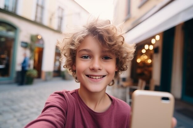 Foto gelukkig kind jongen neemt een selfie op een smartphone tegen de achtergrond van een huis