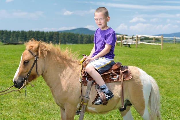 gelukkig kind rit boerderij dieren bruine pony met blauwe lucht op de achtergrond en prachtige natuur