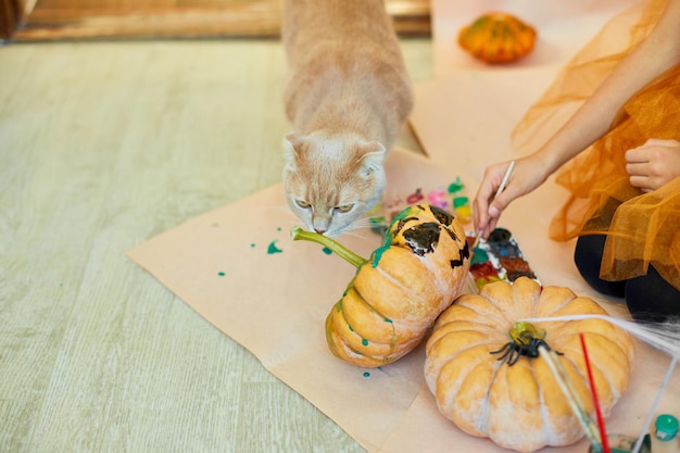 Gelukkig kind thuis een pompoen versieren met kat