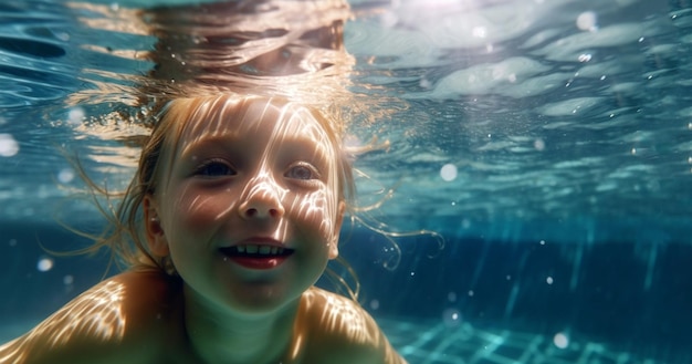 Gelukkig kind veel plezier in zwembad zwemmen onder water Grappig kind zwemduik in zwembad spring diep
