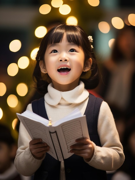 gelukkig kind zingt een kerstliedje op de kerstmarkt met bokeh achtergrond