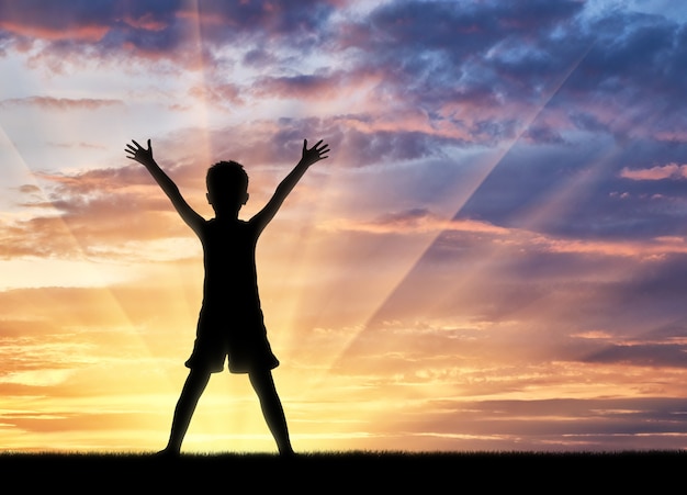 Gelukkig kindertijdconcept. Silhouet van een gelukkig kind op de achtergrond van de heldere zonsondergang