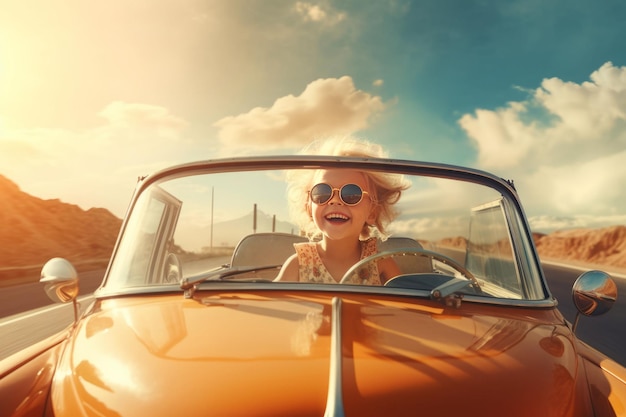 Gelukkig kindmeisje gaat naar de zomerreis in de auto