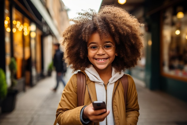 Gelukkig klein Afro-Amerikaans meisje met een bril en een smartphone in de stad.