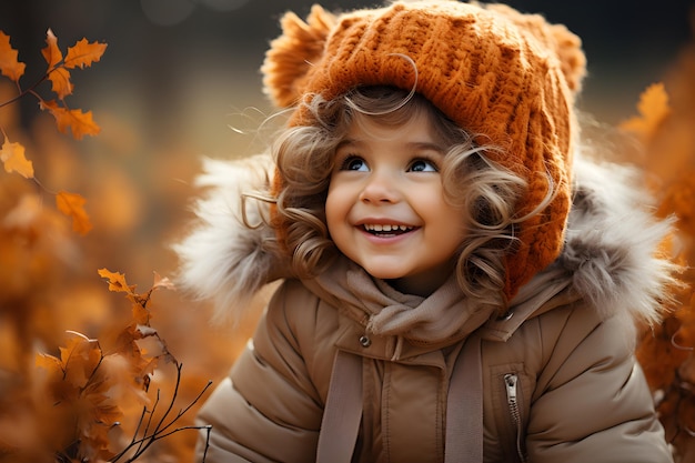 gelukkig klein kind baby meisje lachen en spelen in de herfst