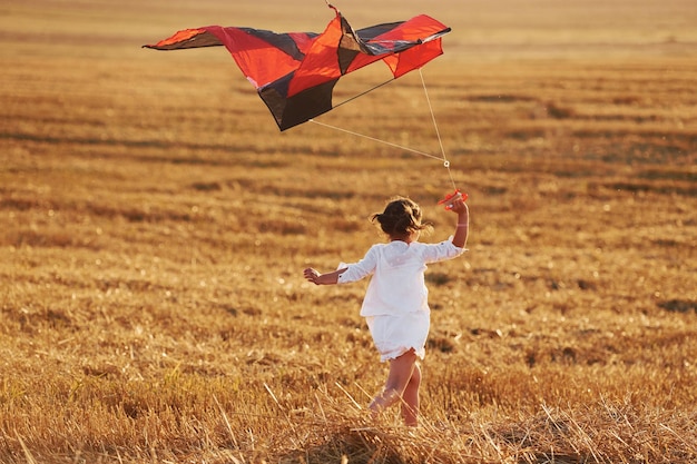 Gelukkig klein meisje dat in de zomer met rode wouw buiten op het veld loopt