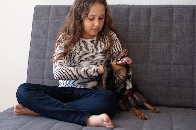 Gelukkig klein meisje huisdier grappige bruine Russische speelgoedterriër. Huisdieren zorgconcept. liefde en vriendschap tussen mens en dier. Hoge kwaliteit foto