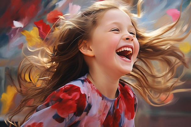 Gelukkig klein meisje met vliegend haar op een achtergrond van herfstbladeren