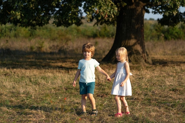 Gelukkig klein paar hand in hand op veld achtergrond kinderen hand in hand zomer verliefd