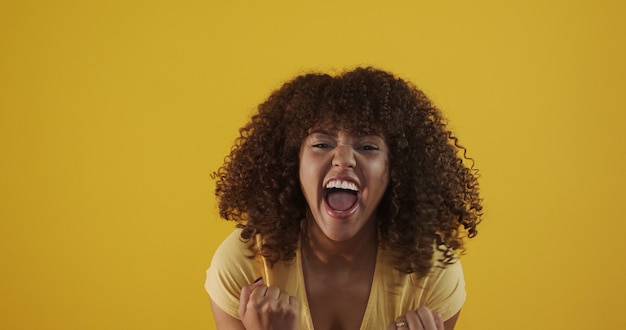 Gelukkig lachen Amerikaanse Afrikaanse vrouw met haar krullend haar op gele achtergrond. Lachende krullende vrouw in trui die haar haar aanraakt en naar de camera kijkt.