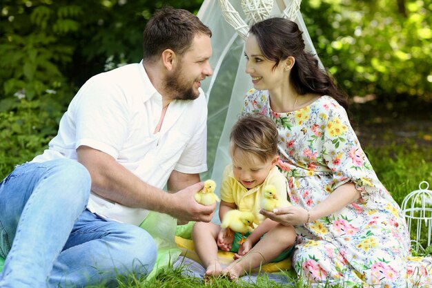 Gelukkig lachend jong gezin van vier op picknick in het park op zomerdag