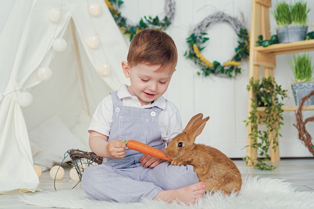 Gelukkig lachend jongetje spelen met een baby konijn