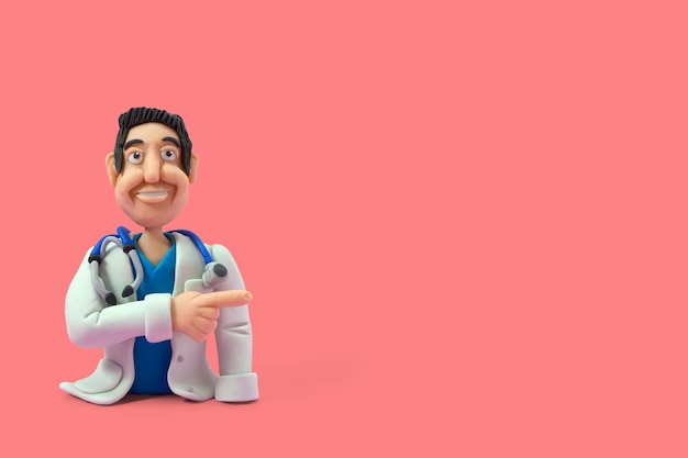 Foto gelukkig lachende arts terwijl wijzende vinger op geïsoleerde achtergrond met kopie ruimte