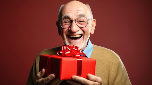 Gelukkig lachende senior man met geschenkdoos op een gekleurde achtergrond