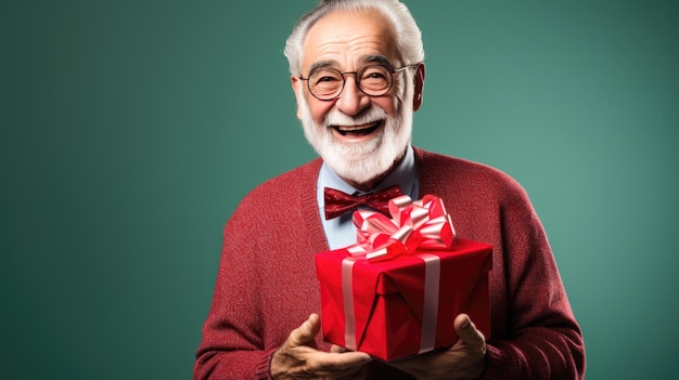 Gelukkig lachende senior man met geschenkdoos op een gekleurde achtergrond