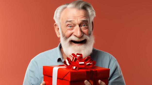 Gelukkig lachende senior man met geschenkdoos op een gekleurde achtergrond