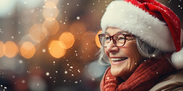 Gelukkig lachende senior vrouw in glazen en winterkleren en kerstmuts op straat in de kerststad