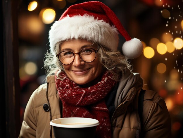 Gelukkig lachende senior vrouw in winterkleren lopen op Kerstmis stad straat achtergrond