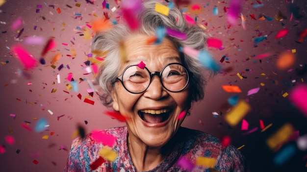 Gelukkig lachende vrouw met vallende confetti verjaardag Nieuwjaar leuk feest