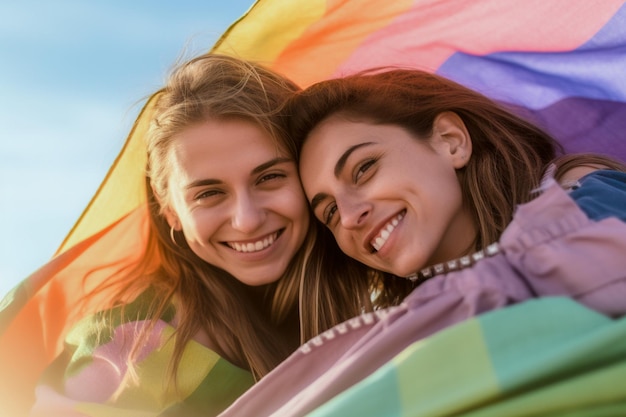 Gelukkig lesbisch koppel viert op het strand de LGBTQ Pride Parade in Tel Aviv