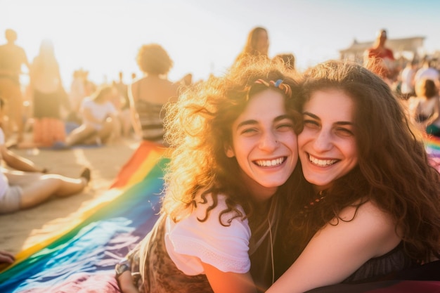 Gelukkig lesbisch koppel viert op het strand de LGBTQ Pride Parade in Tel Aviv