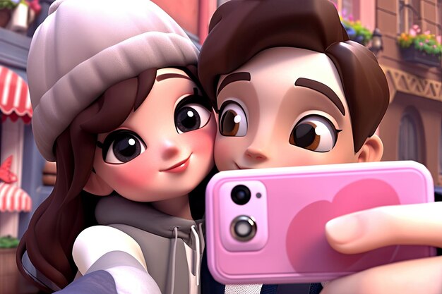 Foto gelukkig liefdespaar neemt foto's op mobiele telefoon in 3d-stijl illustratie