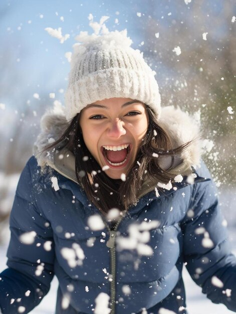 gelukkig meisje dat plezier heeft met sneeuw in de lucht gooien buiten