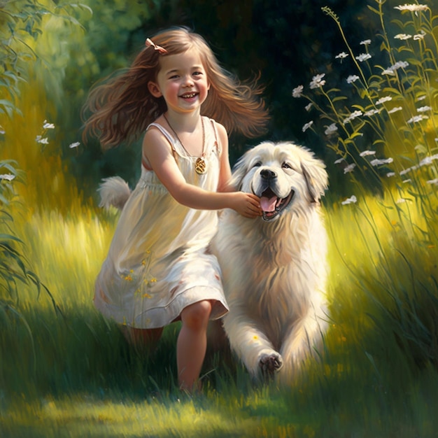 Gelukkig meisje en een hond die in de grondfoto spelen