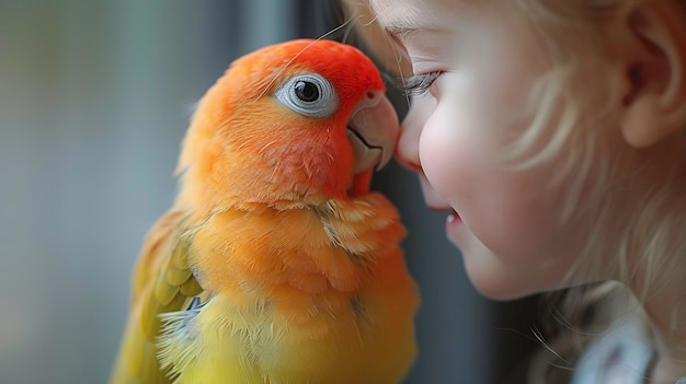 Foto gelukkig meisje en jonge papegaai.