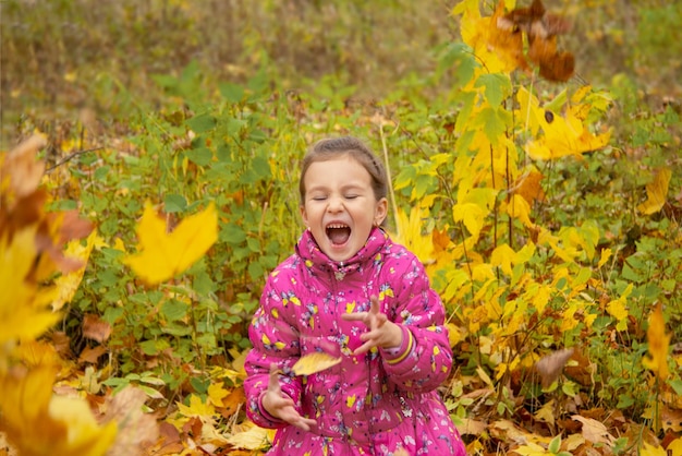 Gelukkig meisje gooit bladeren in het park in de herfst