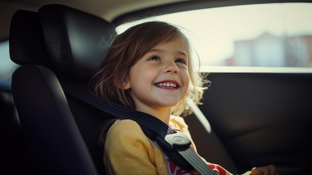 Gelukkig meisje in een autokinderzitje met een veiligheidsgordel tijdens het reizen met de auto