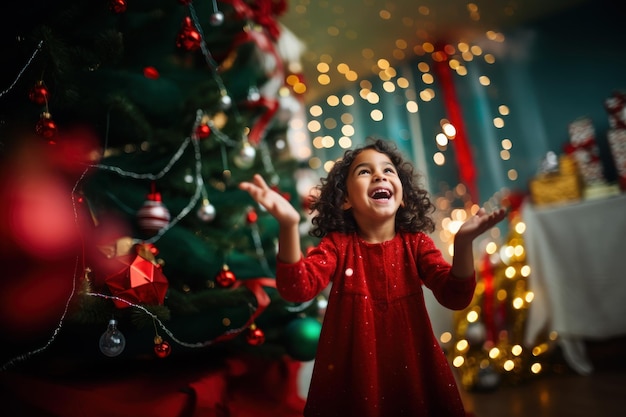 gelukkig meisje in een rode jurk op de achtergrond van een kerstboom