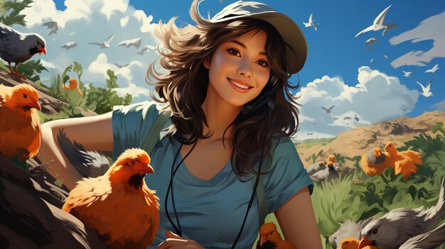 gelukkig meisje in rode hoed en rode jurk met vogels op de achtergrond van de bos vector illustratie
