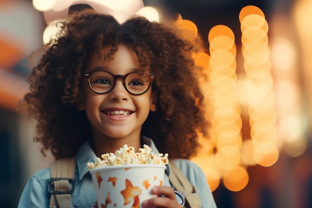 Gelukkig meisje met emmer popcorn op avondfeest