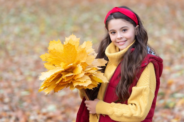 Gelukkig meisje met gevallen esdoornbladeren op herfstdag herfst