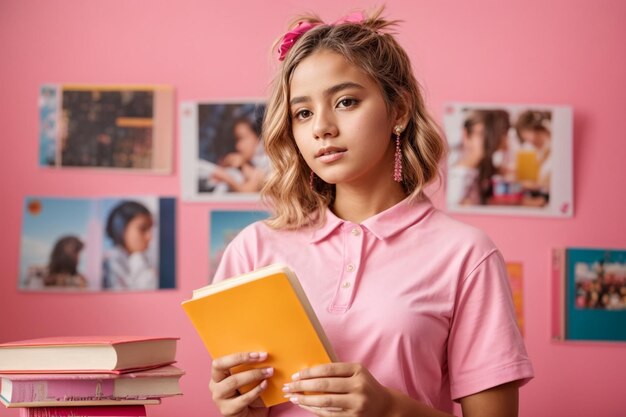 Gelukkig meisje met krullend haar in roze klaslokaal glimlachend en kijkend naar de camera