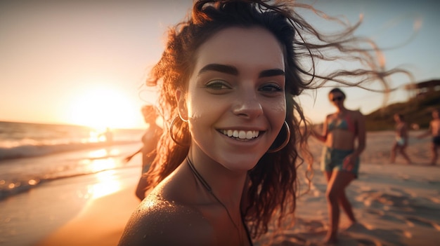 Gelukkig meisje op het strand bij zonsondergang Generatieve AI