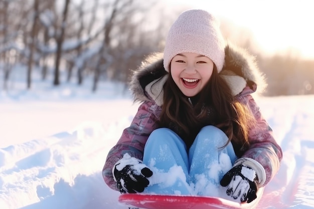 Gelukkig meisje rodelen buitenshuis op heldere winterdag Generatieve AI