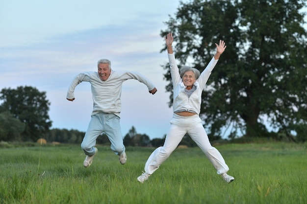 Gelukkig mooi senior paar oefenen in zomer veld